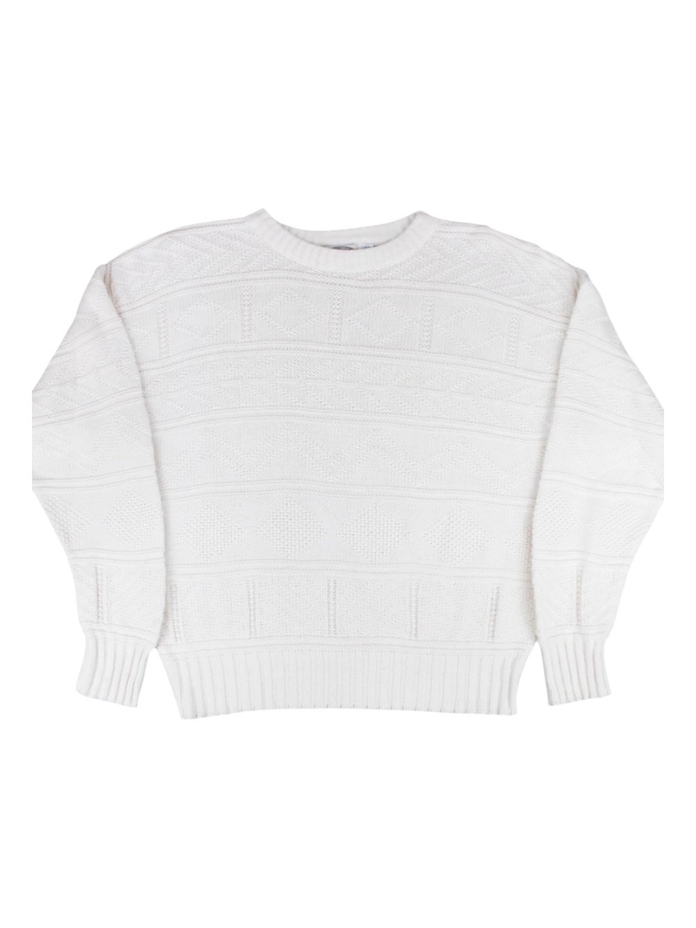Vintage 90s Detailed Knit Sweater Ivory Cotton Geometric Crewneck Made USA XL